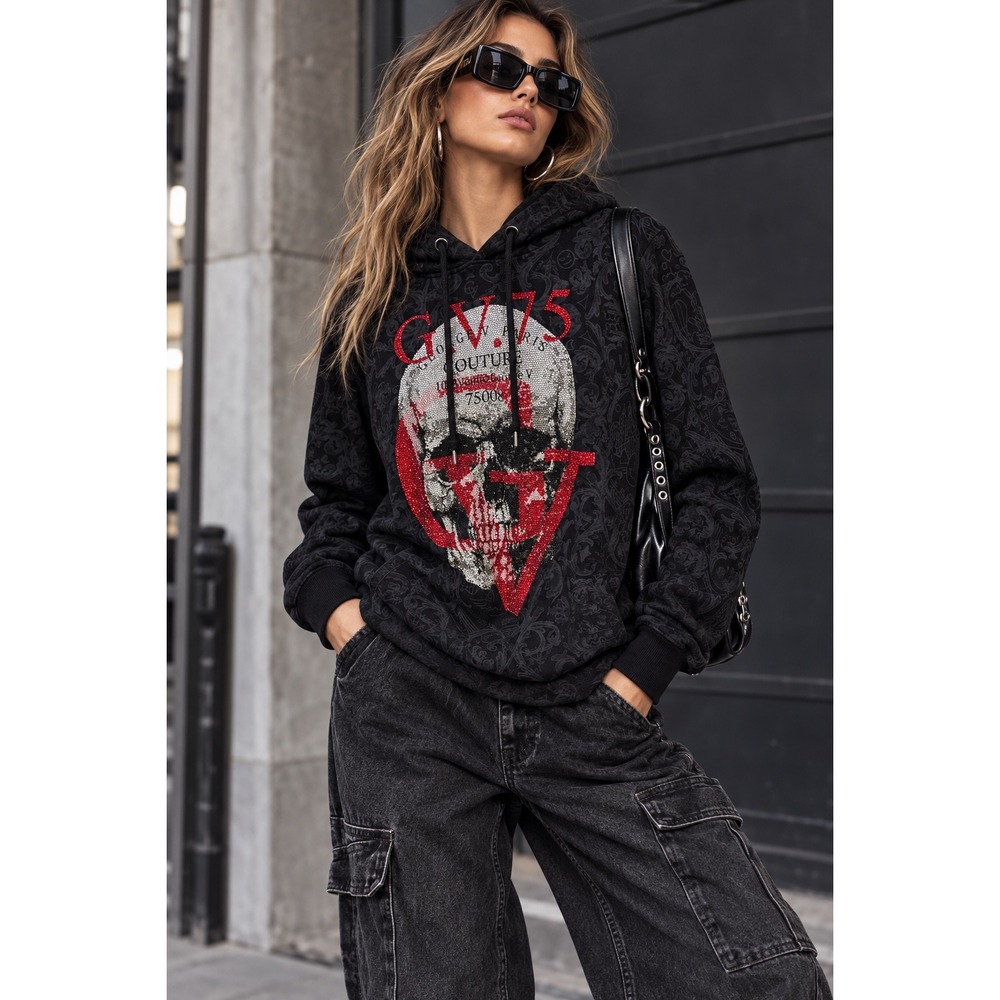 Avenue George V Paris Skull Crystal Hoodie Black GV75 Couture Y2k Streetwear M